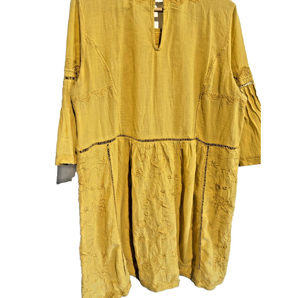Anthropologie Womens Mini Dress Mustard Yellow Embroidered Boho Coquette Sz-XL - Picture 3 of 11